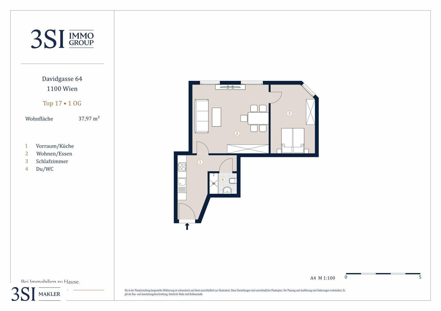 Grundriss einer 37,97 m² Wohnung mit Vorraum, Wohn-/Essbereich, Schlafzimmer und Bad/WC.