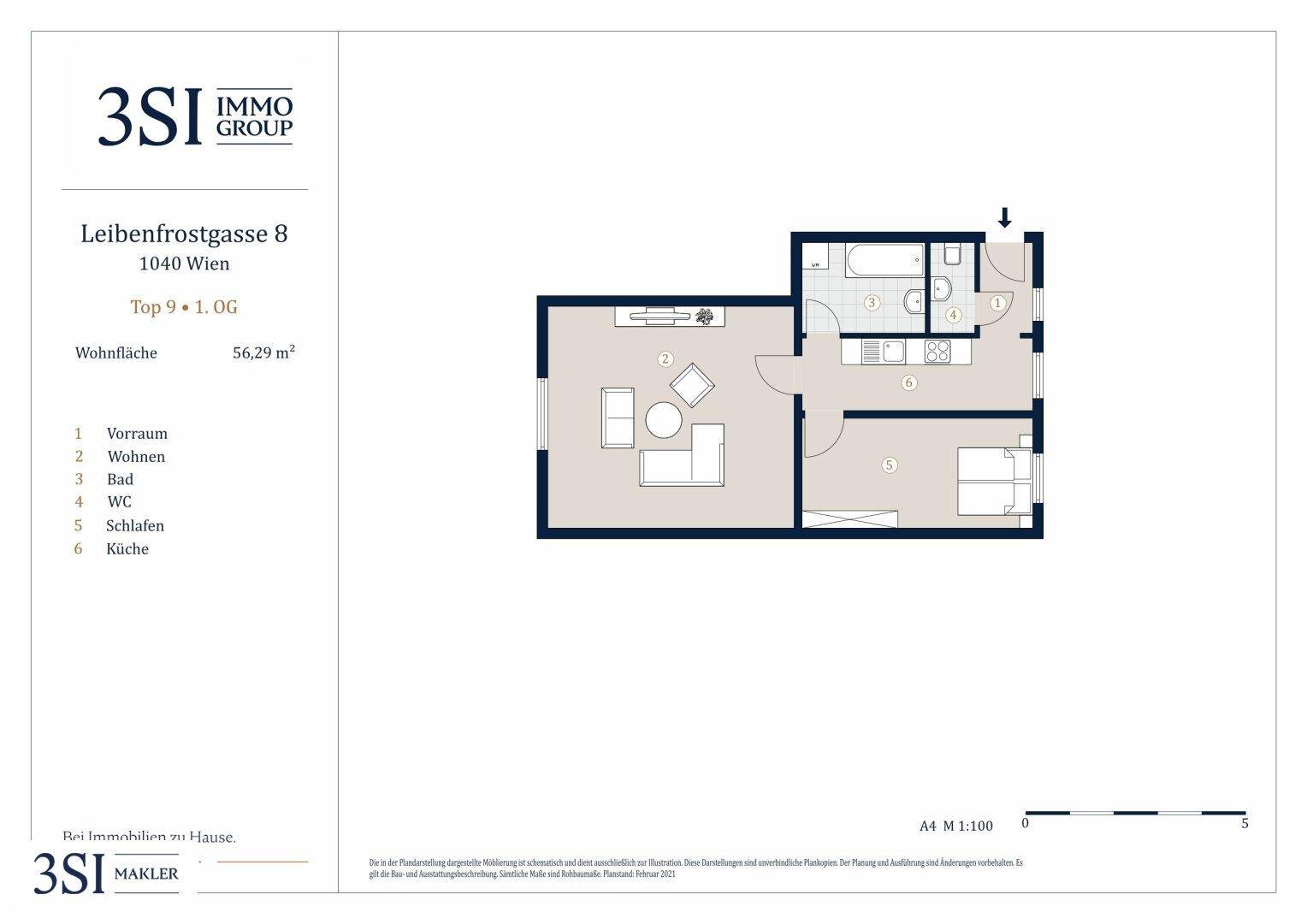 Grundriss der Wohnung Top 9 im 1. Obergeschoss mit 56,29 m² Wohnfläche.