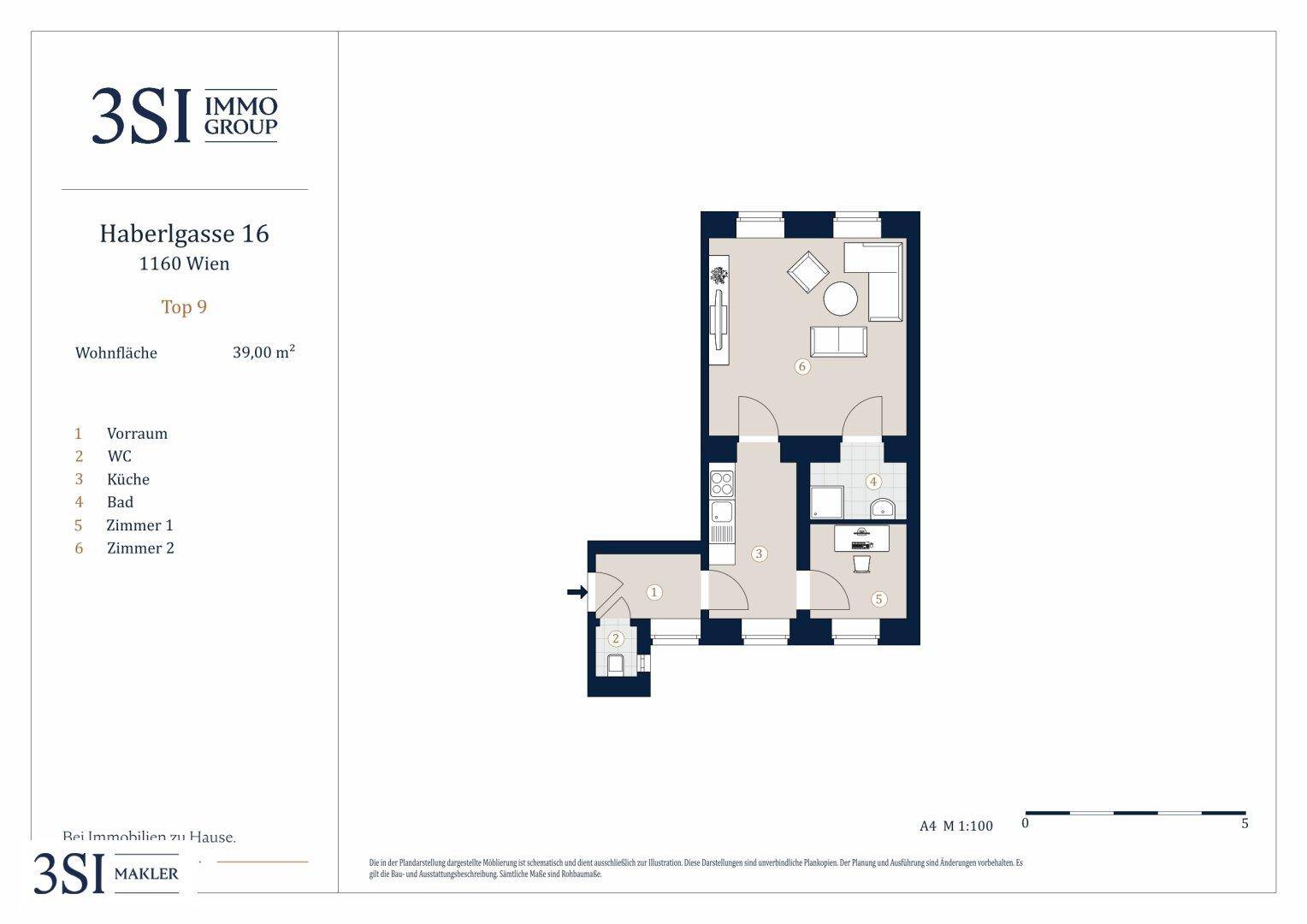 Übersichtlicher Grundriss einer Wohnung mit zwei Zimmern und separatem WC.