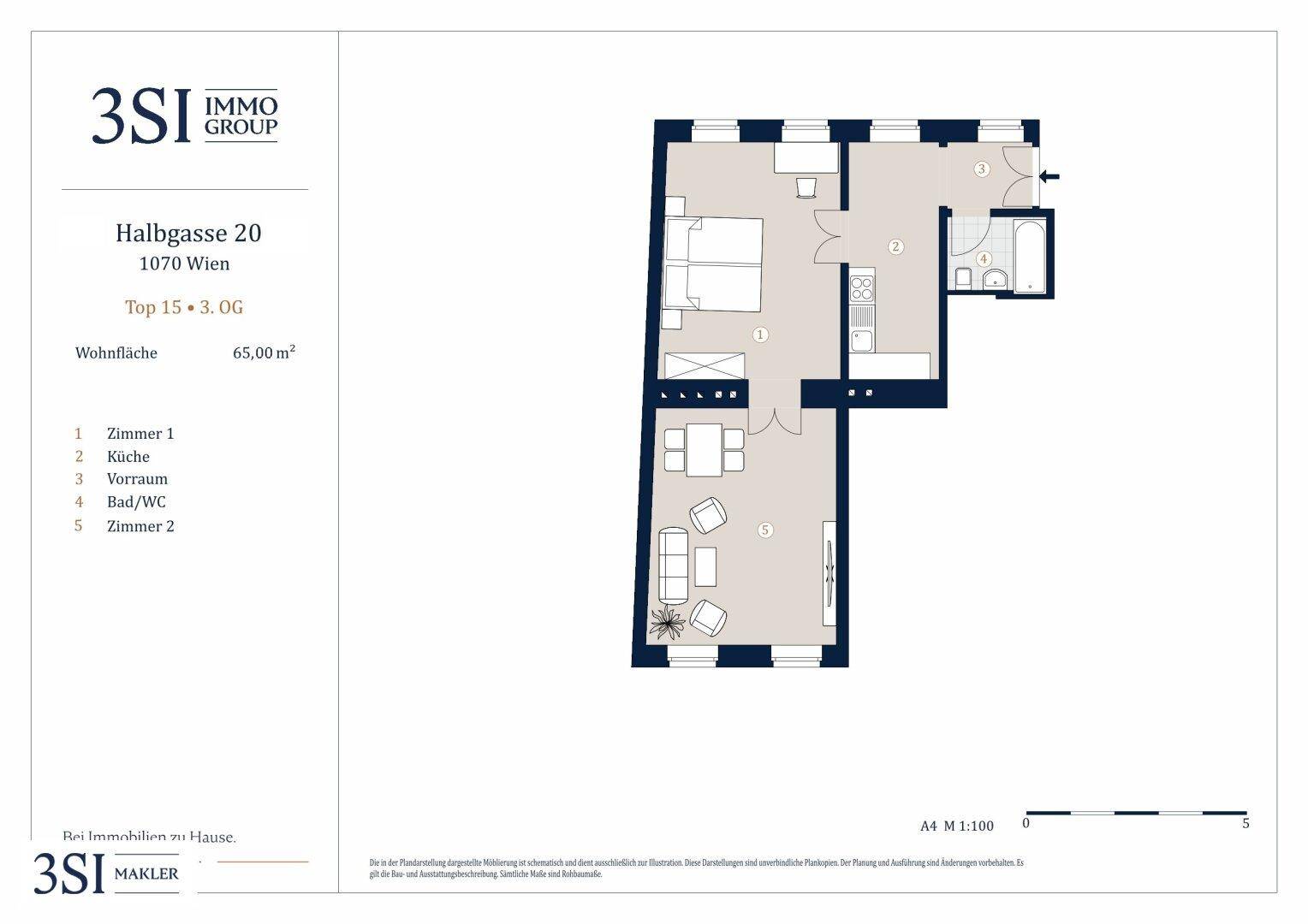 Übersichtlicher Grundriss einer Wohnung mit 65,98 m² Wohnfläche, inklusive Schlafzimmer und Wohnbereich.