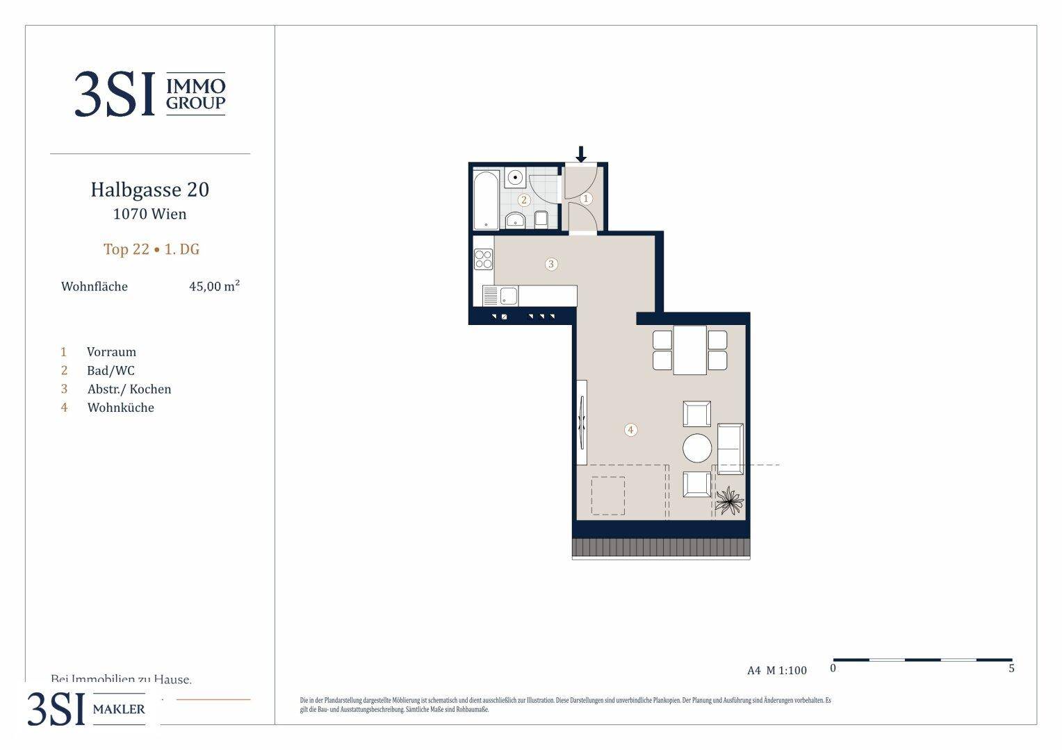 Grundriss einer Wohnung mit 45 m² Wohnfläche, inklusive Bad/WC und Wohnküche.