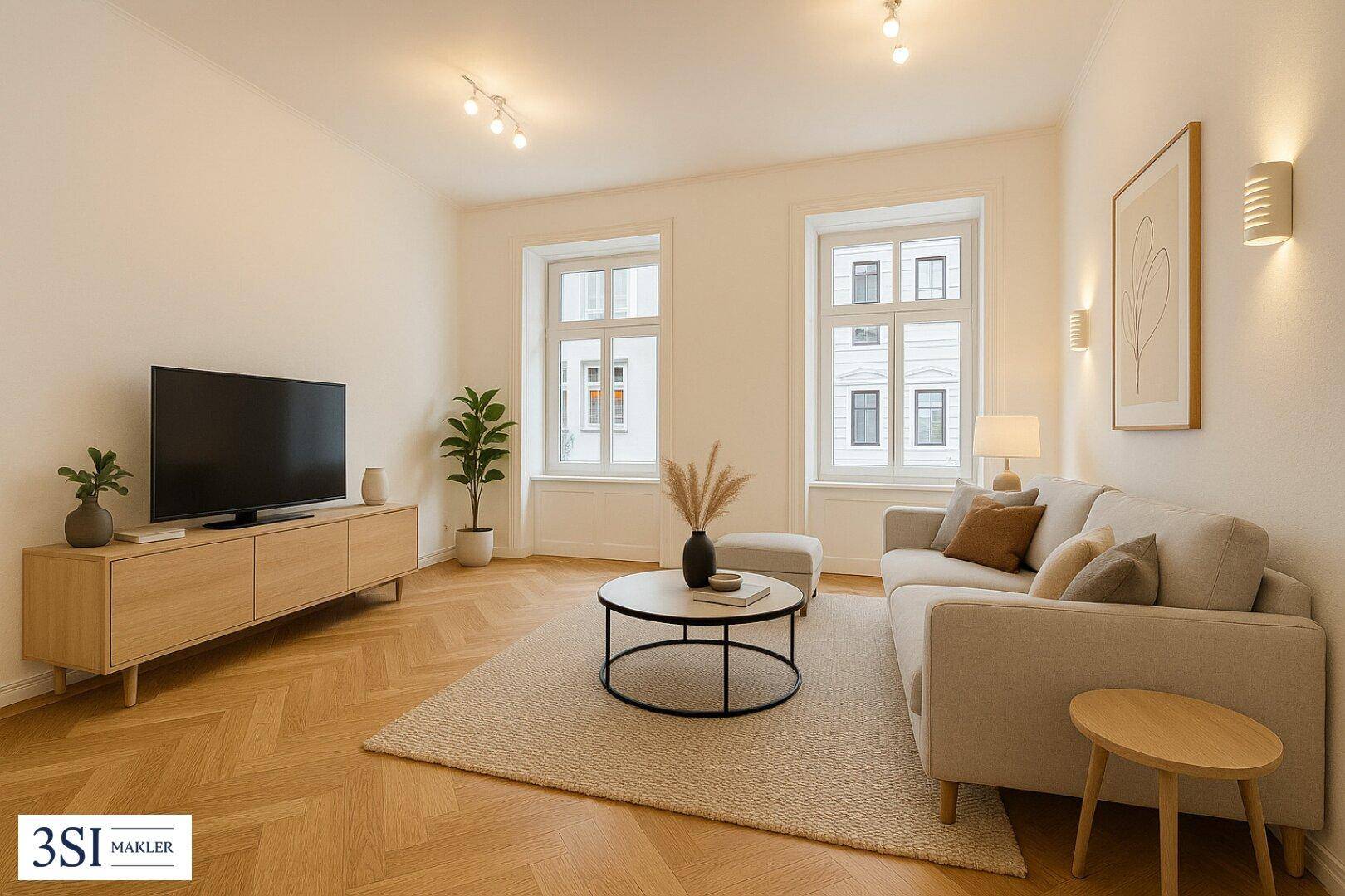 Helles Wohnzimmer mit Fischgrätparkett, modernem Sofa und minimalistischer Dekoration.