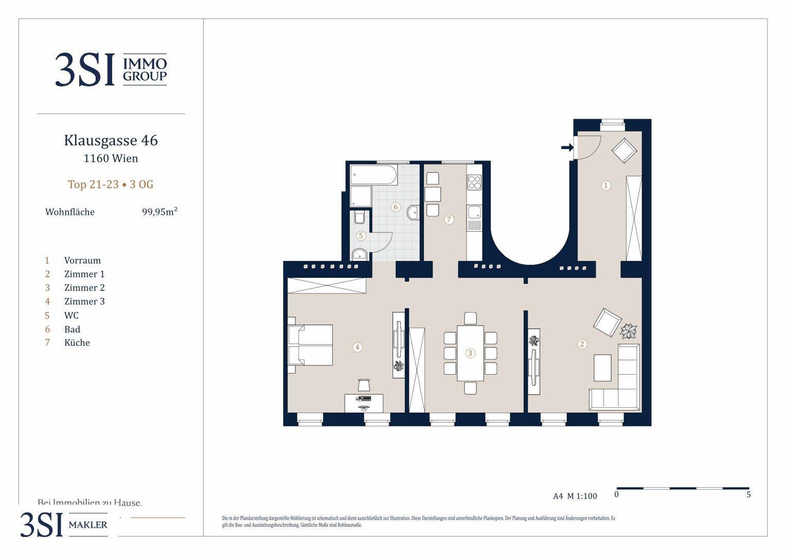 Detaillierter Grundriss einer Wohnung mit 99,95m² Wohnfläche und mehreren Zimmern.