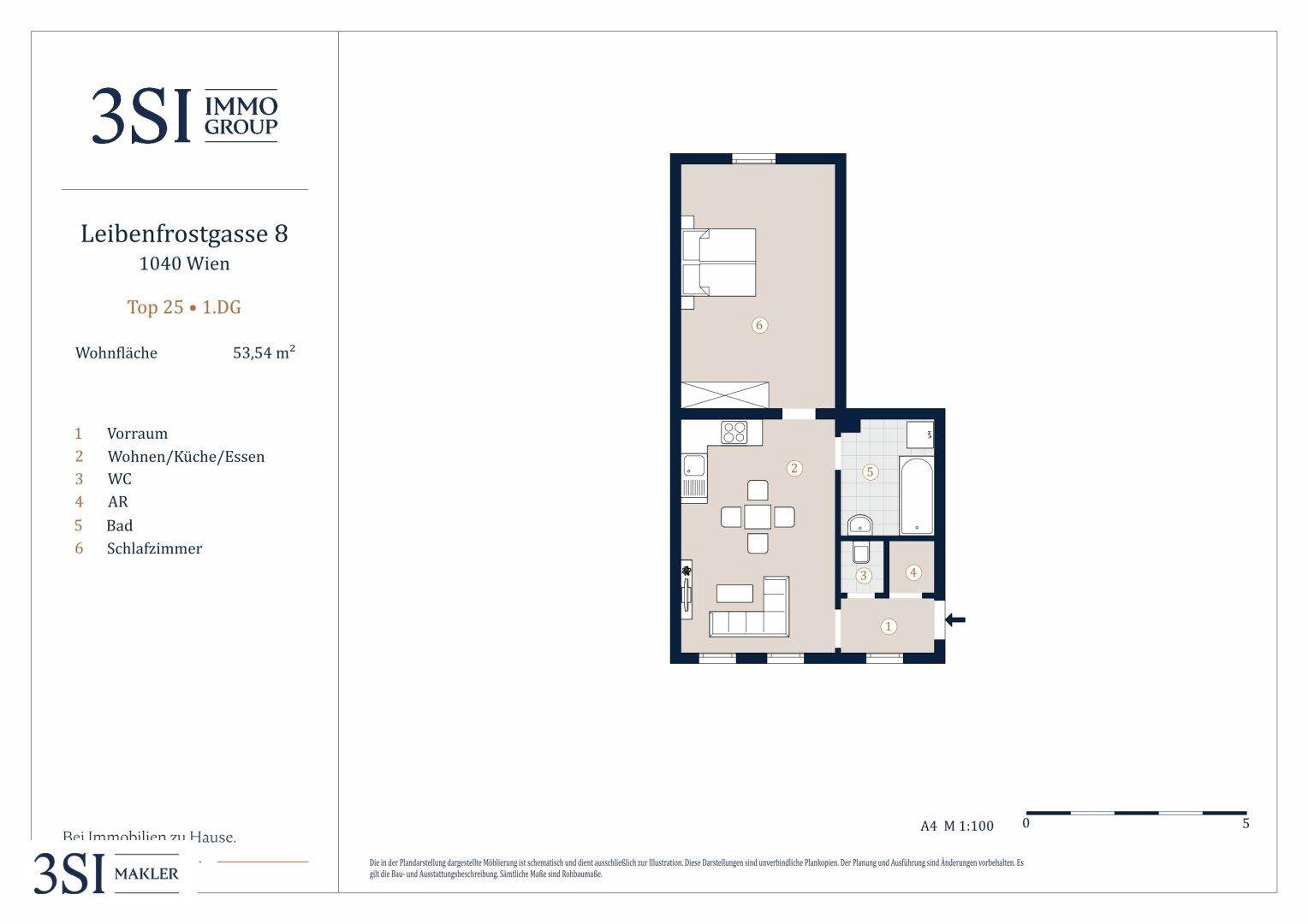 Grundriss einer 53,54 m² großen Wohnung mit Schlafzimmer, Wohnküche und Bad.