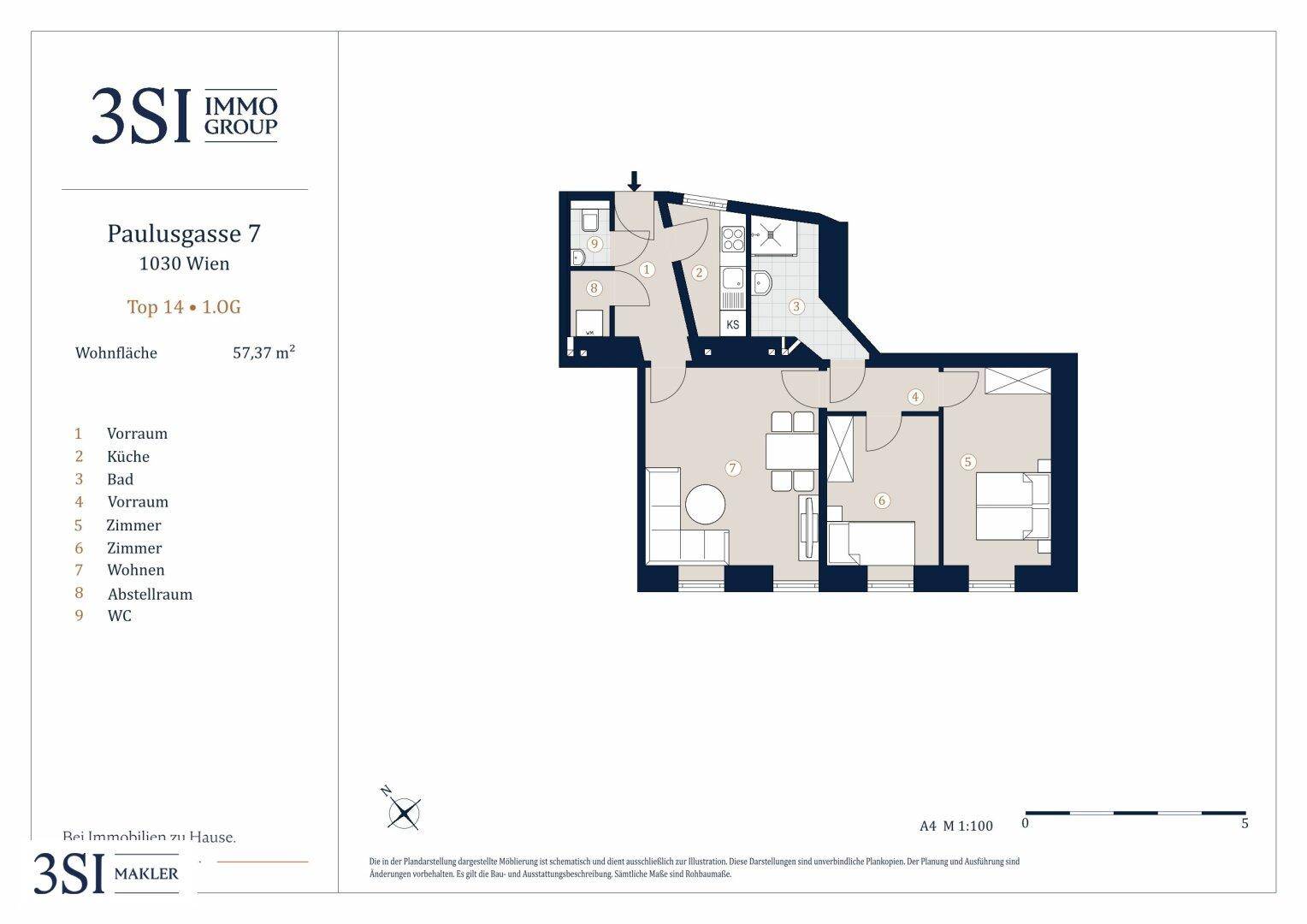 Grundriss einer Wohnung mit 57,37 m² Wohnfläche, inklusive Küche und Bad.