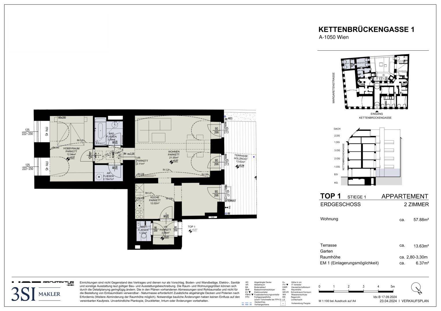 Grundriss des Erdgeschoss-Appartements mit zwei Zimmern, Terrasse und Gartenbereich.