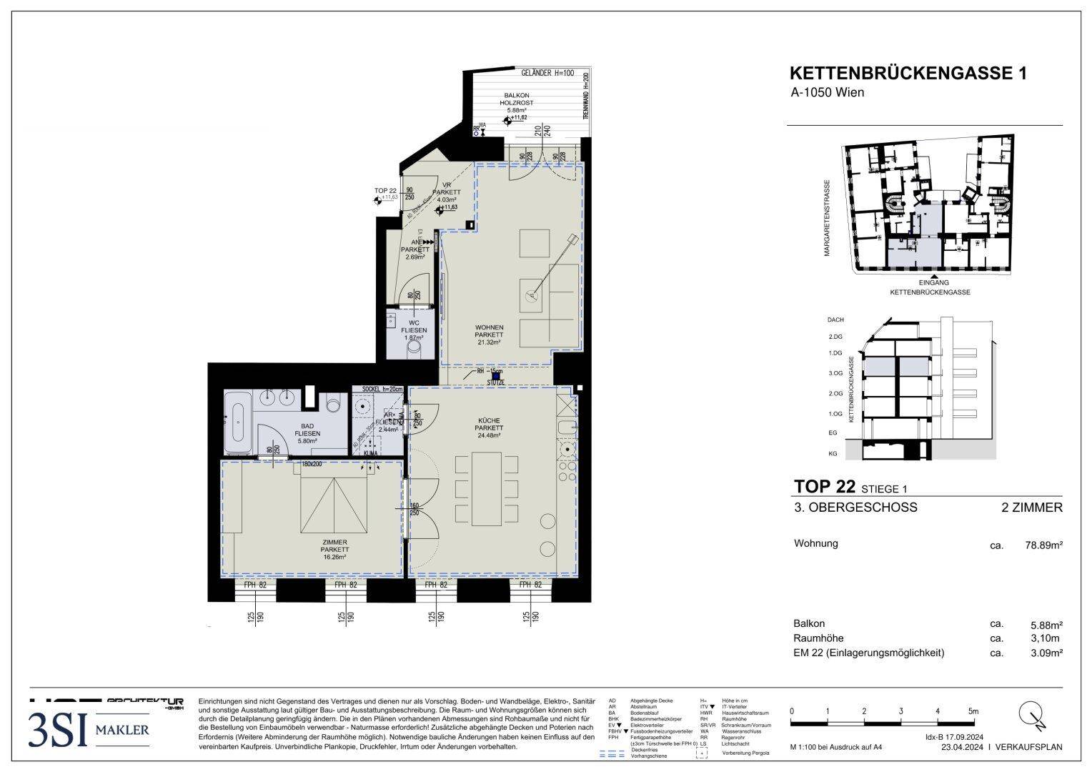 Detaillierter Grundriss einer 2-Zimmer-Wohnung im 3. Obergeschoss mit Balkon.