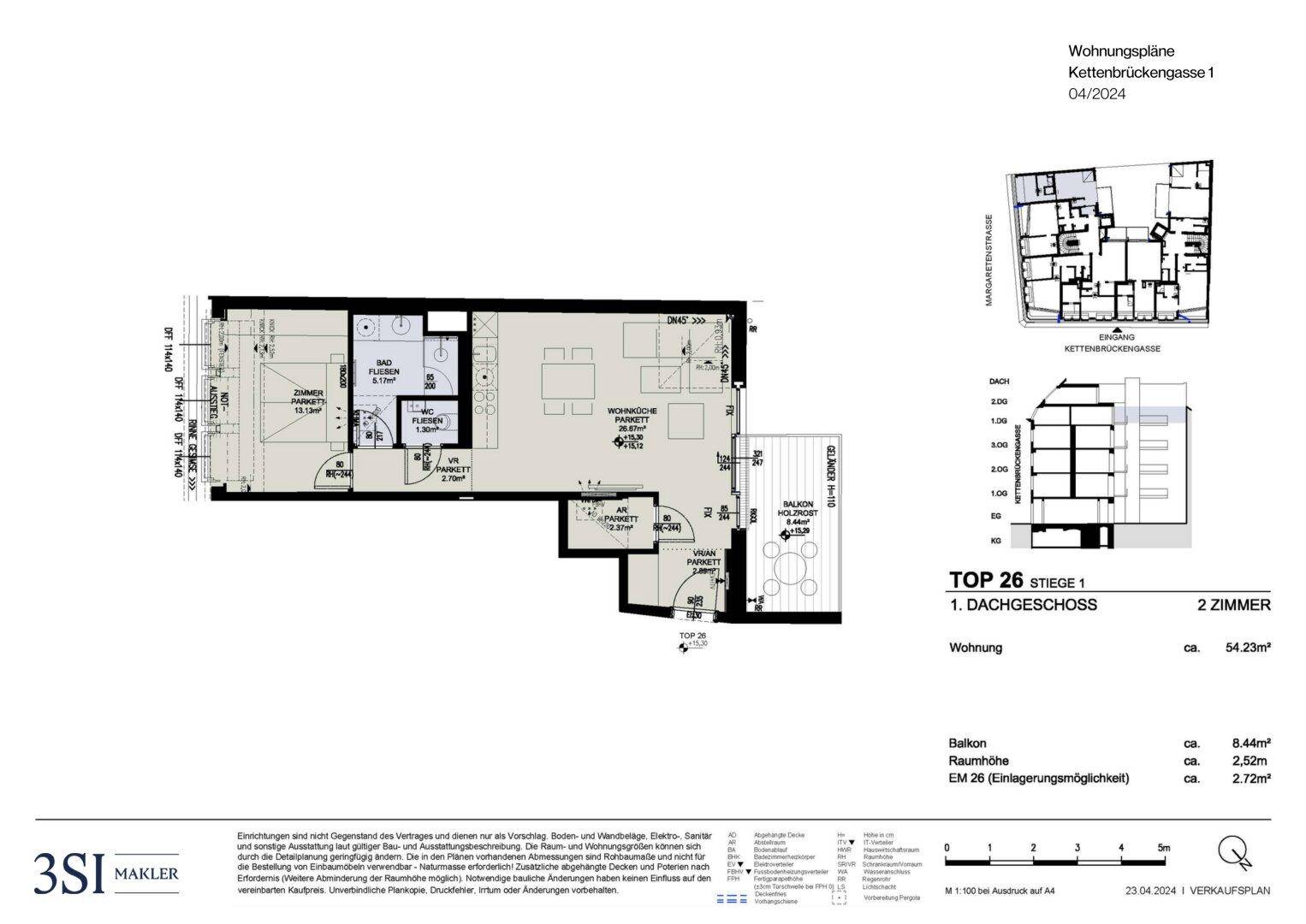 Detaillierter Grundriss einer Dachgeschosswohnung mit offenem Wohnbereich und Balkon.