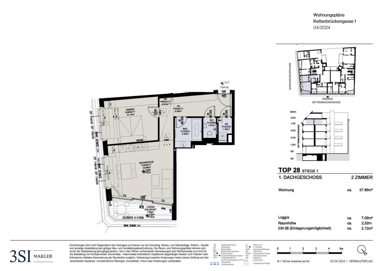 Detaillierter Grundriss des Dachgeschosses mit Loggia und Wohnbereich.