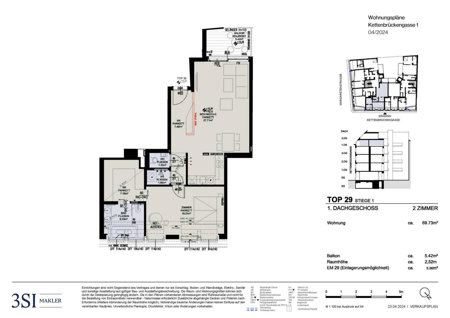 Detaillierter Grundriss einer 2-Zimmer-Wohnung im Dachgeschoss mit Balkon, offenem Wohnbereich und Kellerabteil.