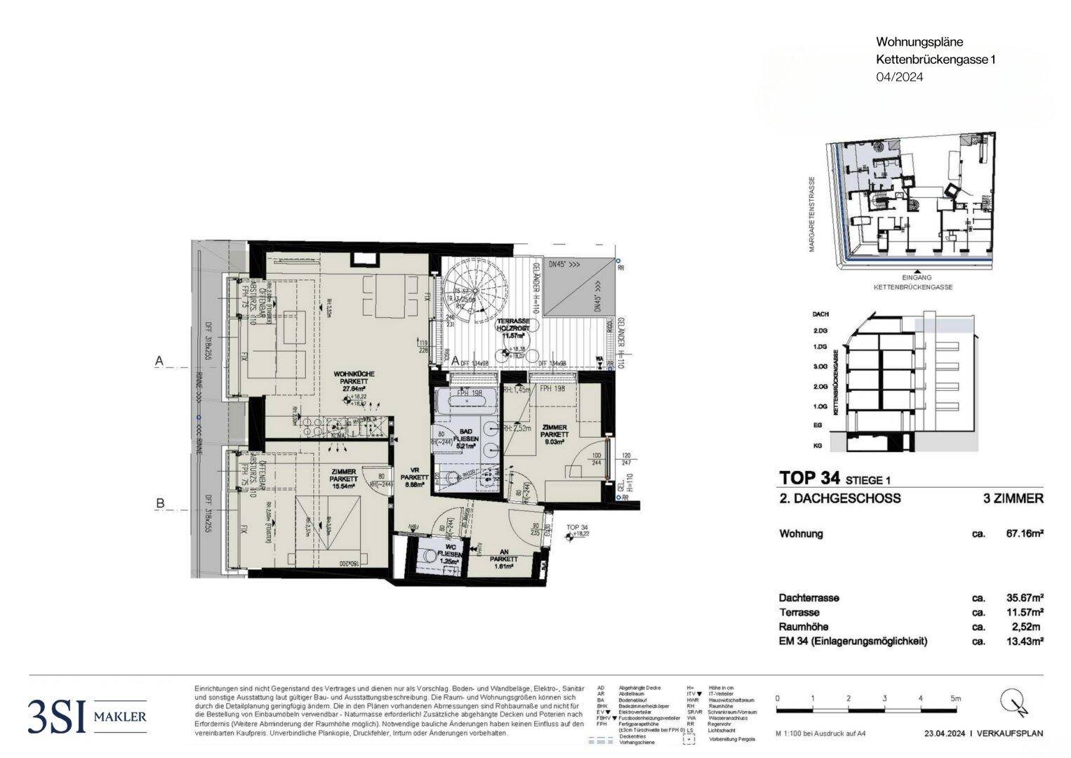 Detaillierter Grundriss einer 3-Zimmer-Wohnung im Dachgeschoss mit großer Dachterrasse und zwei Bädern.