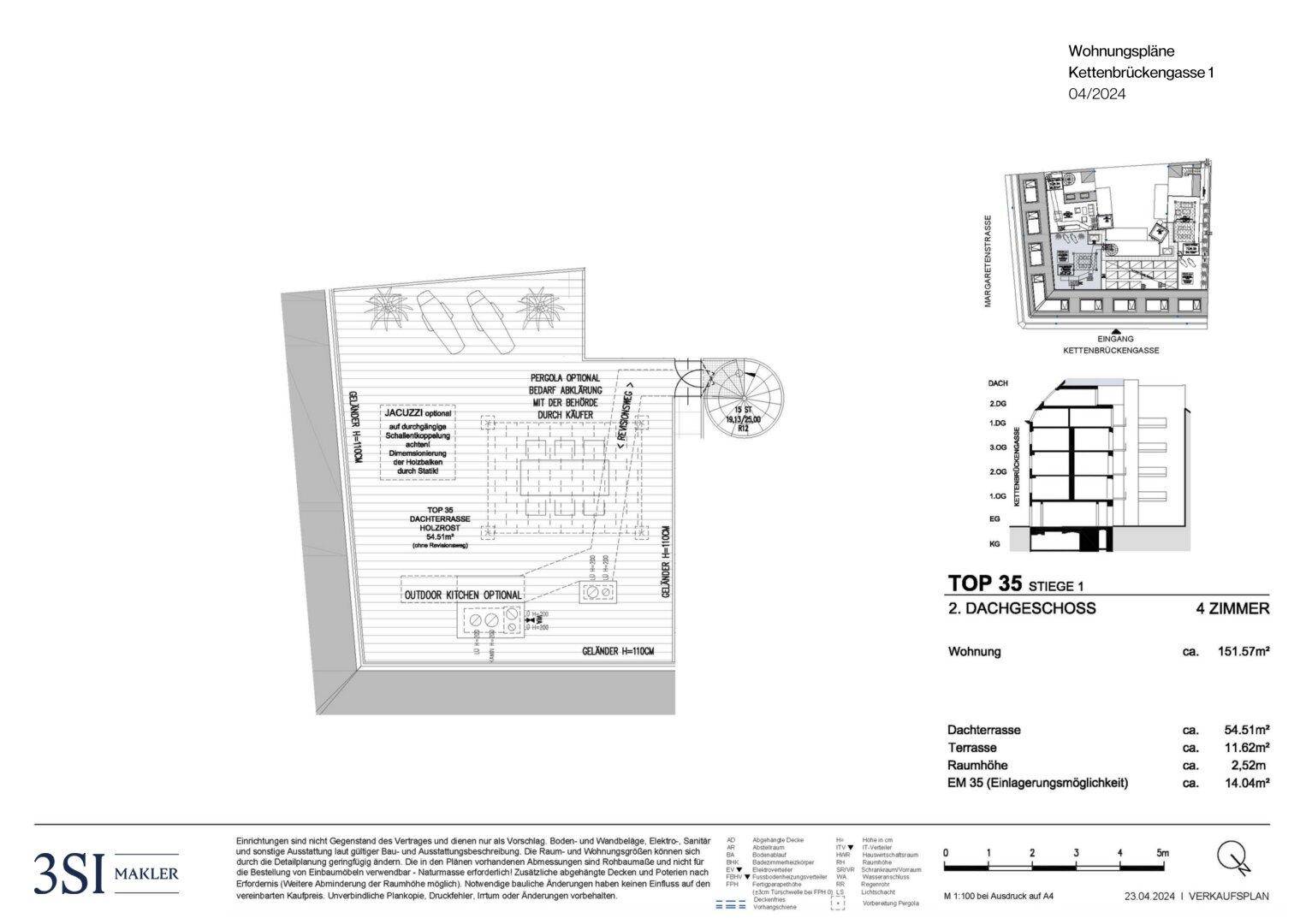 Grundriss der Dachterrasse mit optionalem Jacuzzi, Pergola und Außenküche.