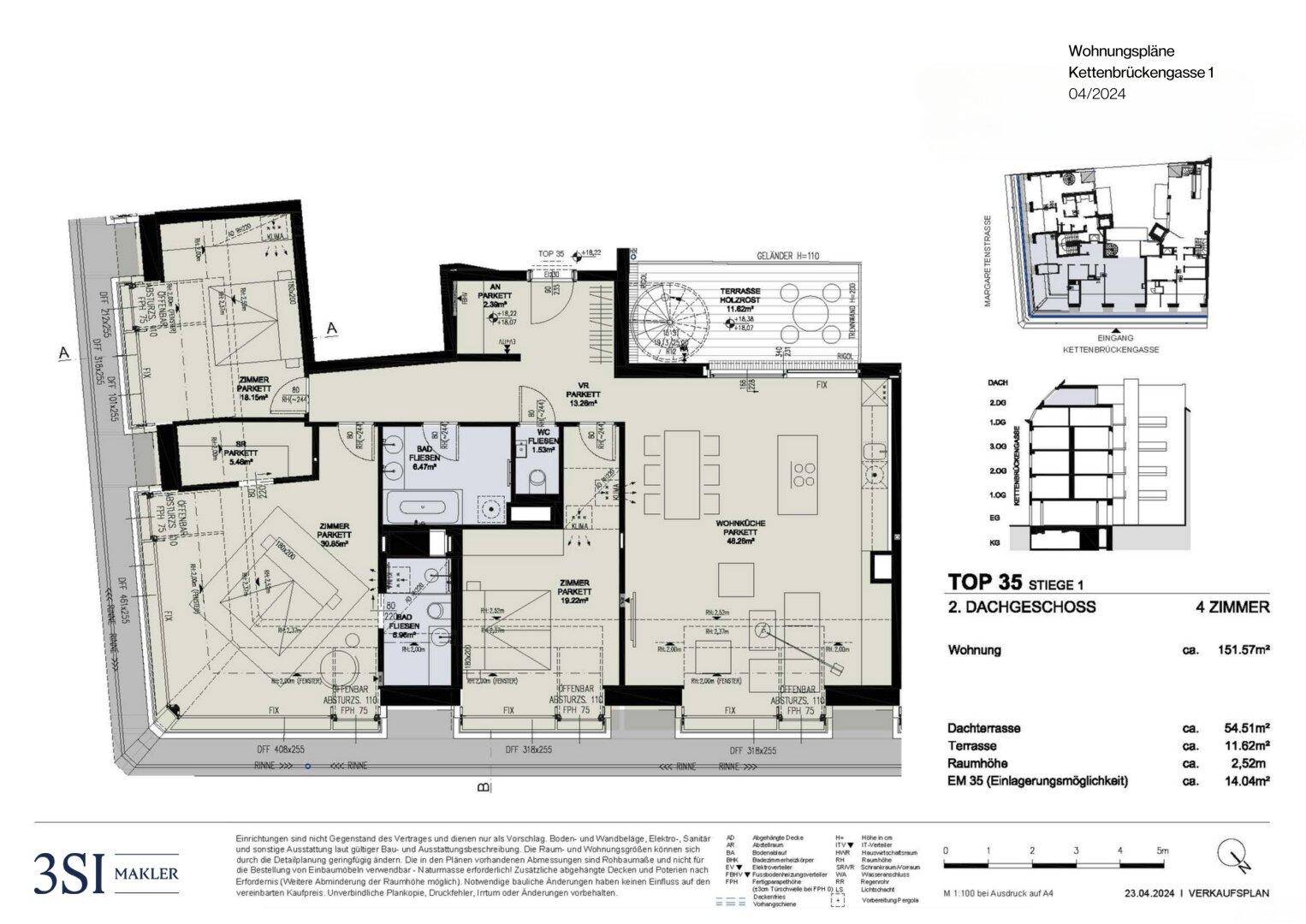 Detaillierter Grundriss einer 4-Zimmer-Wohnung mit Dachterrasse und offenem Wohnbereich.
