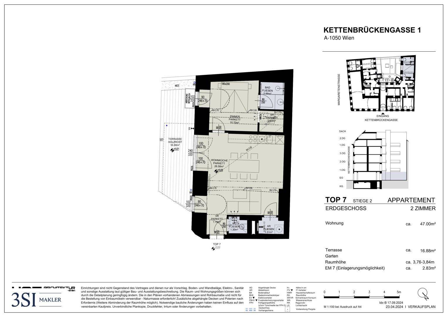 Grundriss des Appartements Top 7 im Erdgeschoss mit Terrasse und Gartenanteil.