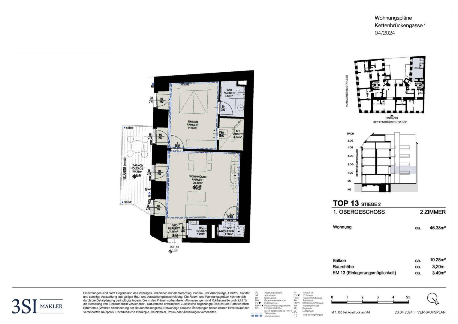 Grundriss der Wohnung TOP 13 im 1. Obergeschoss mit Balkon und 2 Zimmern.