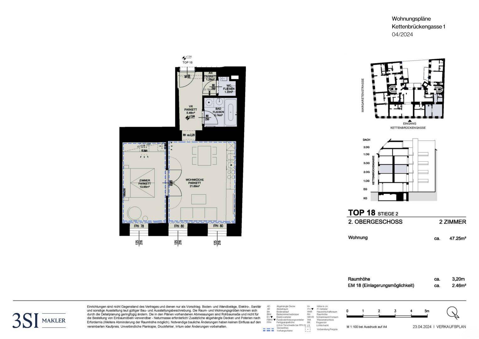 Grundriss einer 2-Zimmer-Wohnung im zweiten Obergeschoss mit Bad und separatem WC.