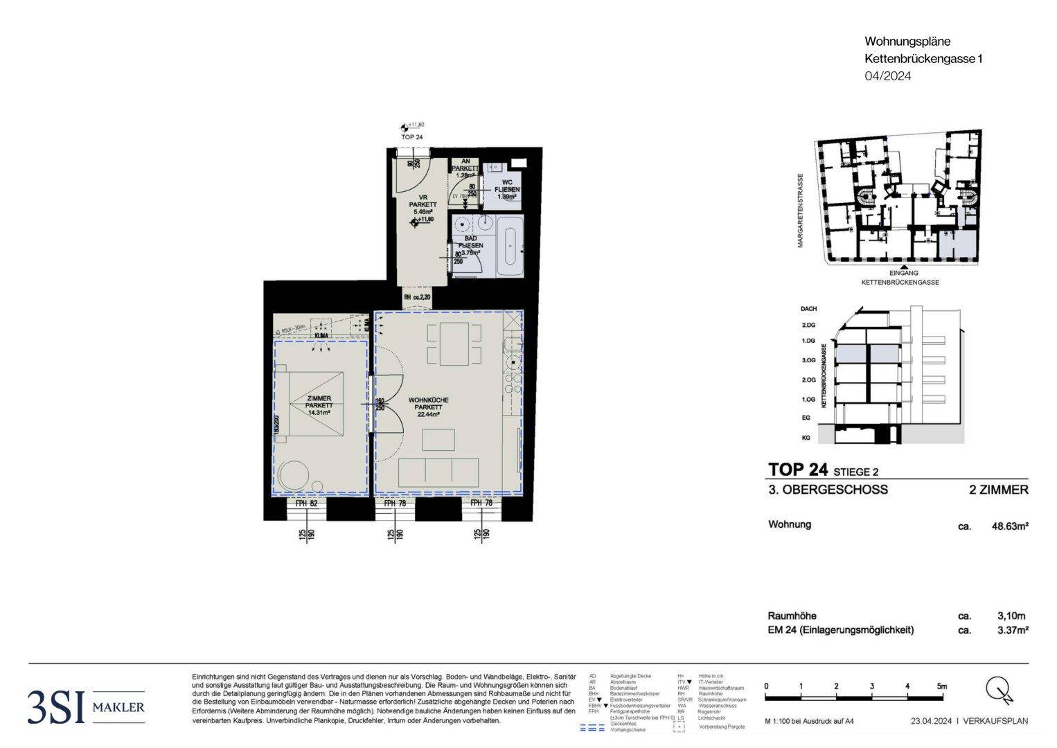 Detaillierter Grundriss der Wohnung Top 24 im 3. Obergeschoss mit 2 Zimmern und Balkon.