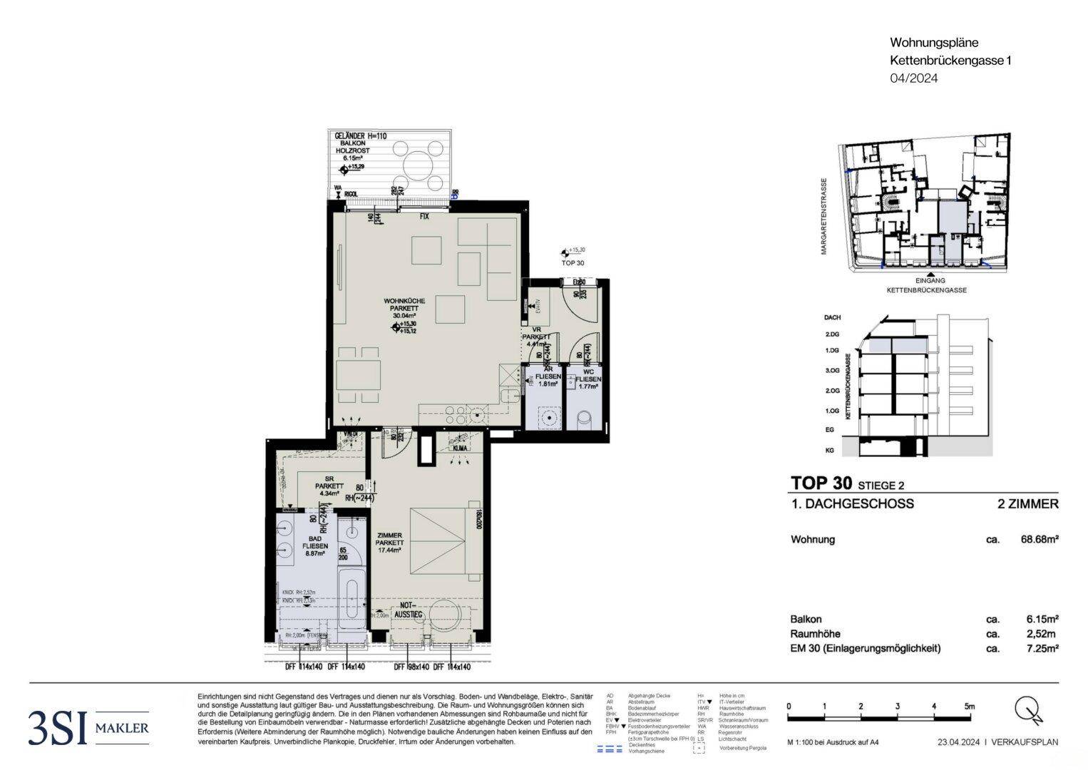 Grundriss des 1. Dachgeschosses mit zwei Zimmern, Balkon und einer Wohnfläche von 68,68 m².