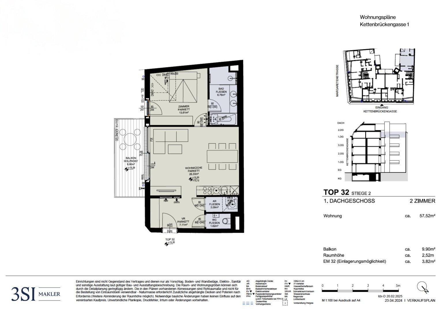 Detaillierter Grundriss einer 2-Zimmer-Wohnung im Dachgeschoss mit Balkon.