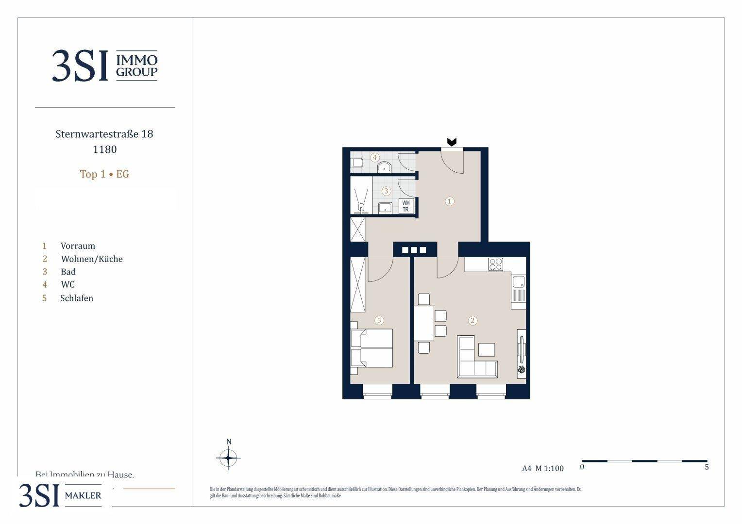 Grundriss einer Wohnung mit Wohn-/Küchenbereich, Schlafzimmer, Bad und separatem WC.