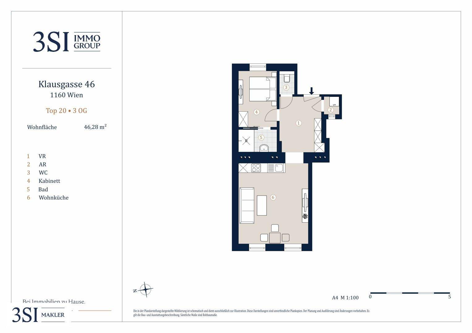 Detaillierter Grundriss einer 46,28 m² großen Wohnung mit Wohnküche, Schlafzimmer und Bad.