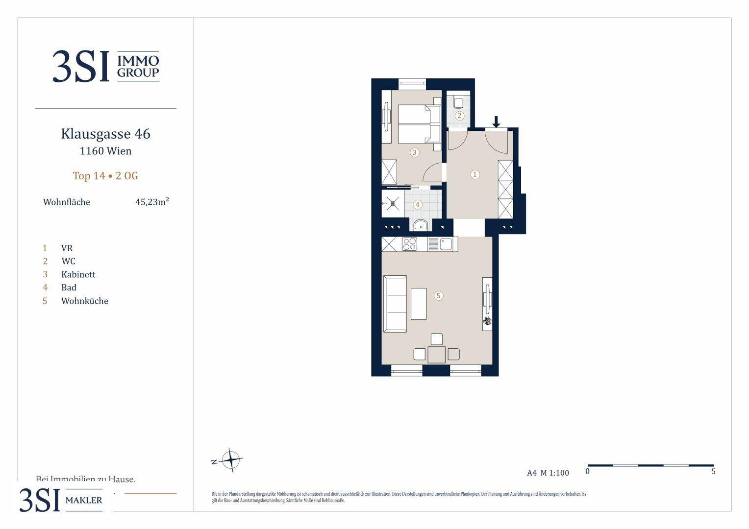 Grundriss einer 45,23 m² großen Wohnung mit Wohnküche, Schlafzimmer und Bad.