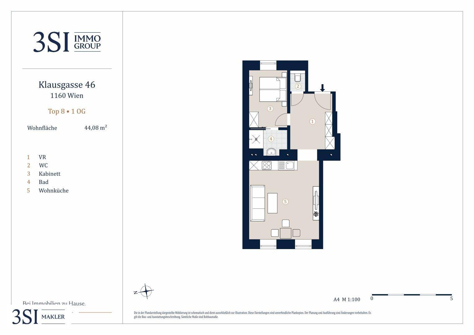 Detaillierter Grundriss einer Wohnung in Wien mit Wohnküche und separatem WC.