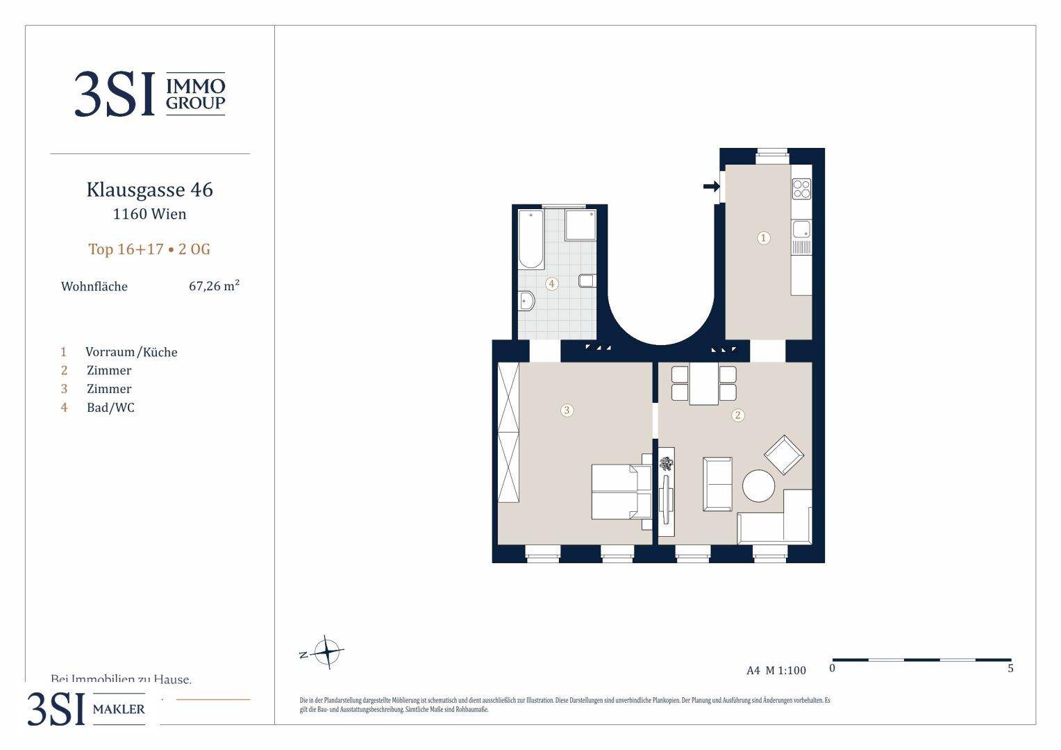 Grundriss der Wohnung Top 16+17 im 2. Obergeschoss mit 67,26 m² Wohnfläche.