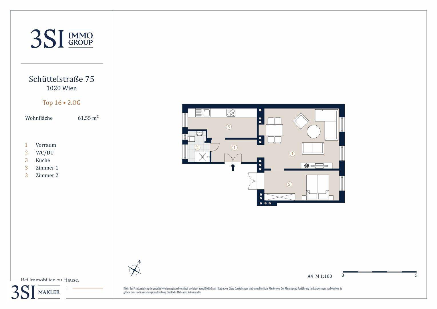 Übersichtlicher Grundriss einer Wohnung mit 61,55 m² Wohnfläche und Balkon.