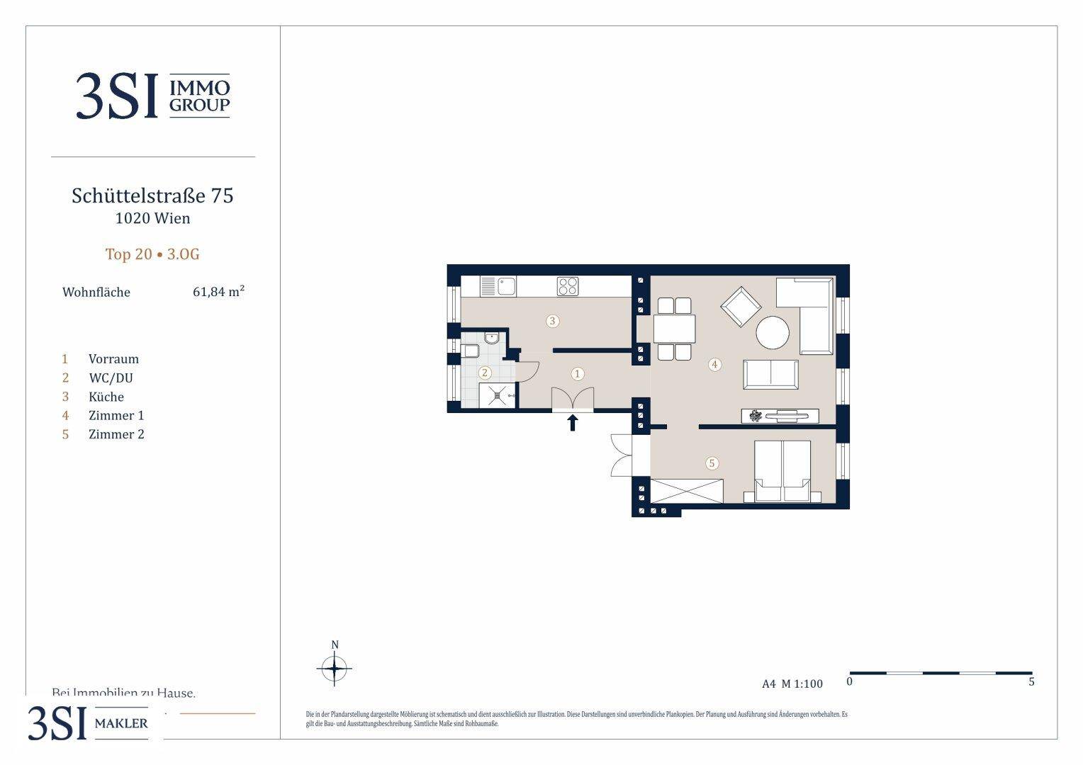 Grundriss der Wohnung Top 20 mit 61,84 m² Wohnfläche und klarer Raumaufteilung.
