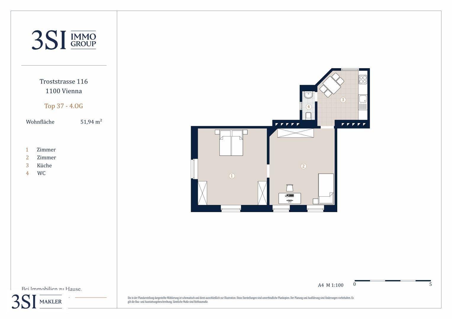 Grundriss einer Wohnung mit zwei Zimmern, Küche und WC auf 51,94 m².