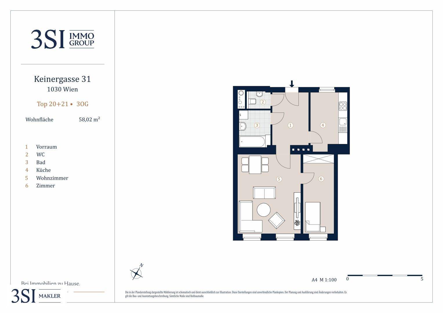 Detaillierter Grundriss einer Wohnung in Keinergasse 31, 1030 Wien, mit 58,02 m² Wohnfläche.
