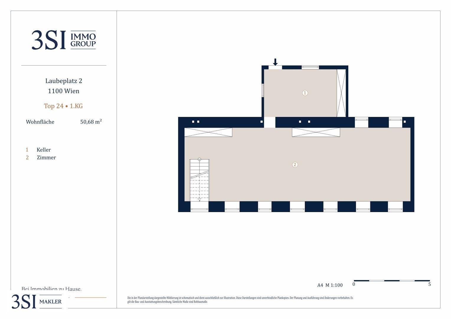 Grundrissplan einer Wohnung mit 50,68 m² Wohnfläche, inklusive Keller und zwei Zimmern.