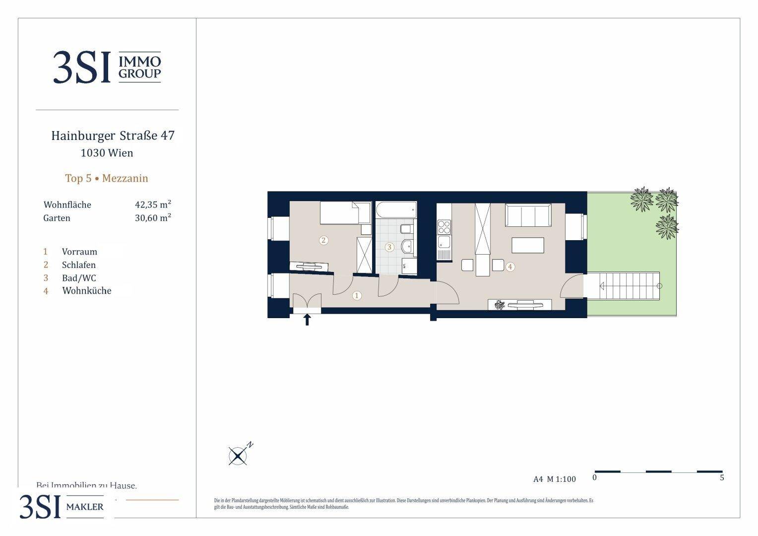 Grundriss einer Wohnung mit 42,35 m² Wohnfläche und einem Garten von 30,60 m².