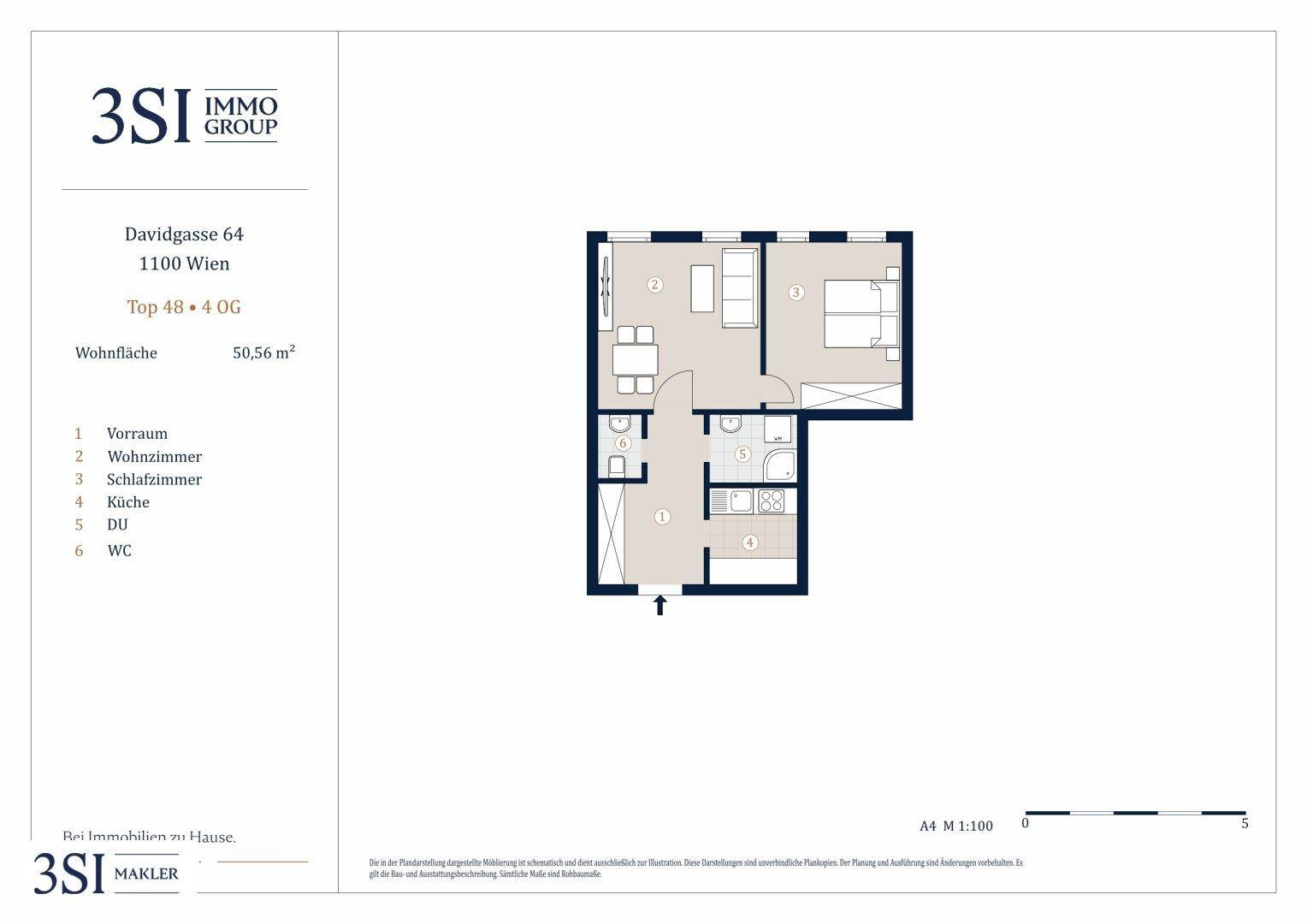 Grundriss einer Wohnung mit 50,56 m² Wohnfläche, offenem Wohnbereich und separatem Schlafzimmer.