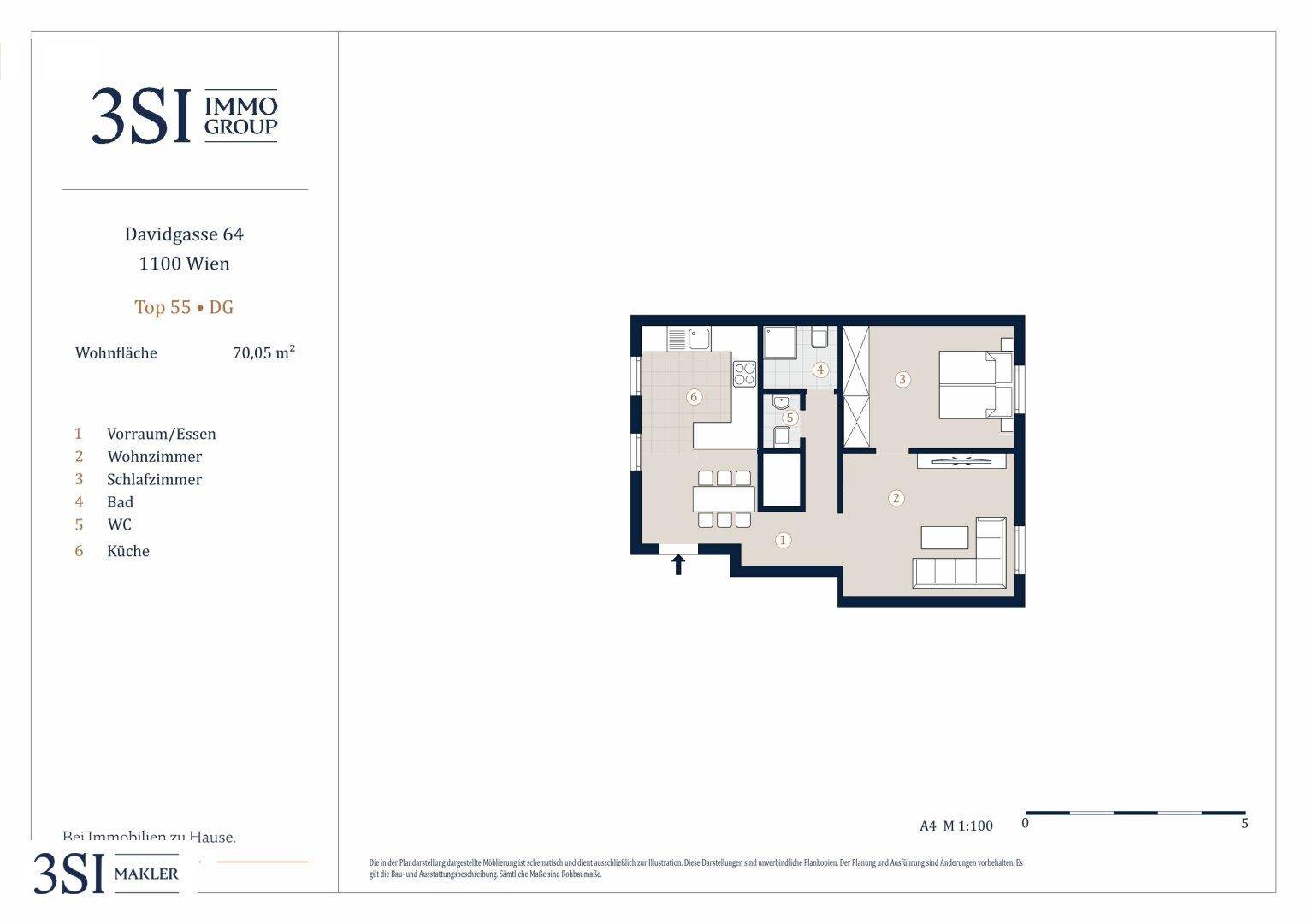Grundriss einer 2-Zimmer-Wohnung mit offenem Wohnbereich und separatem WC.