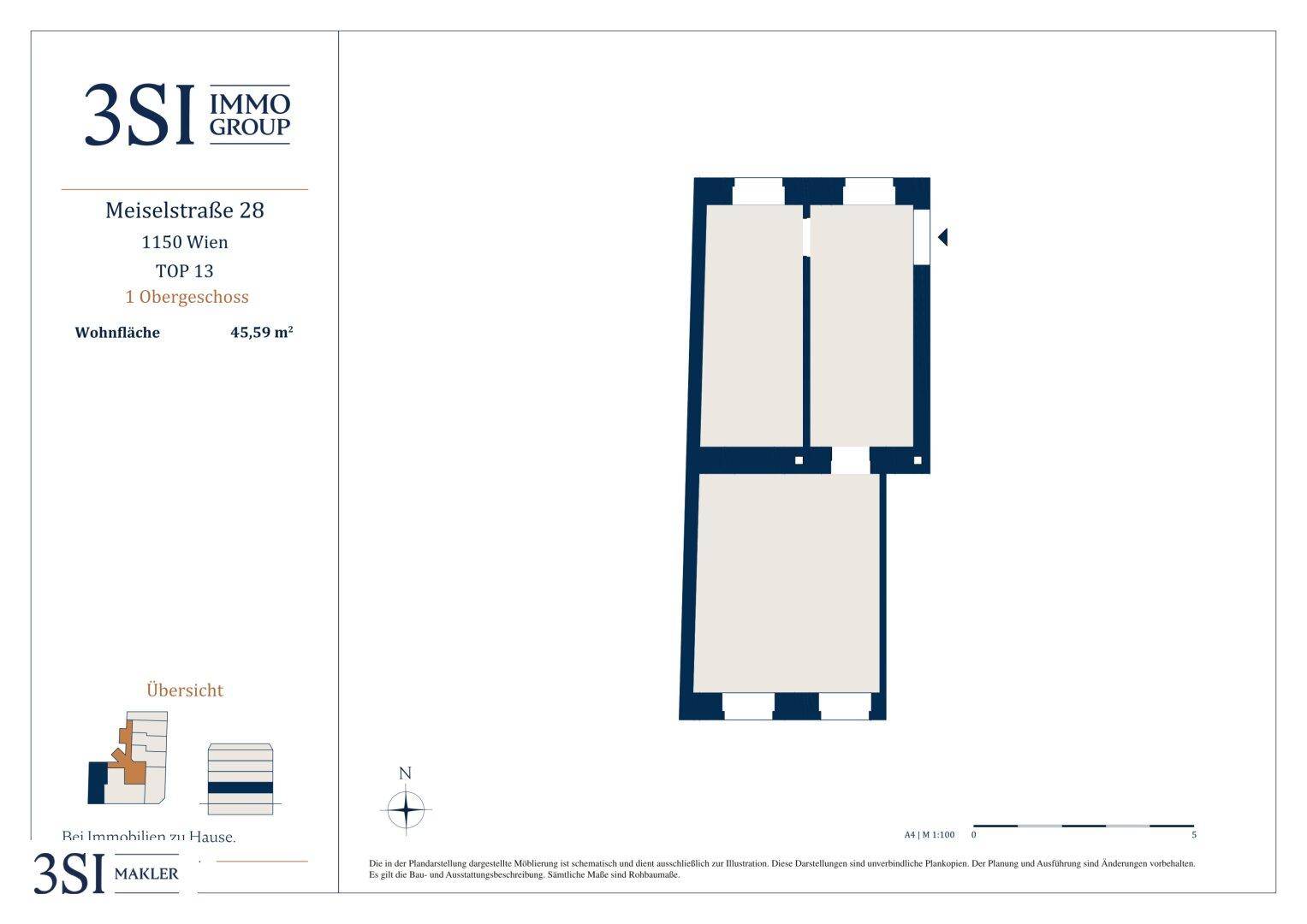 Grundriss einer Wohnung im ersten Obergeschoss mit einer Wohnfläche von 45,59 m².