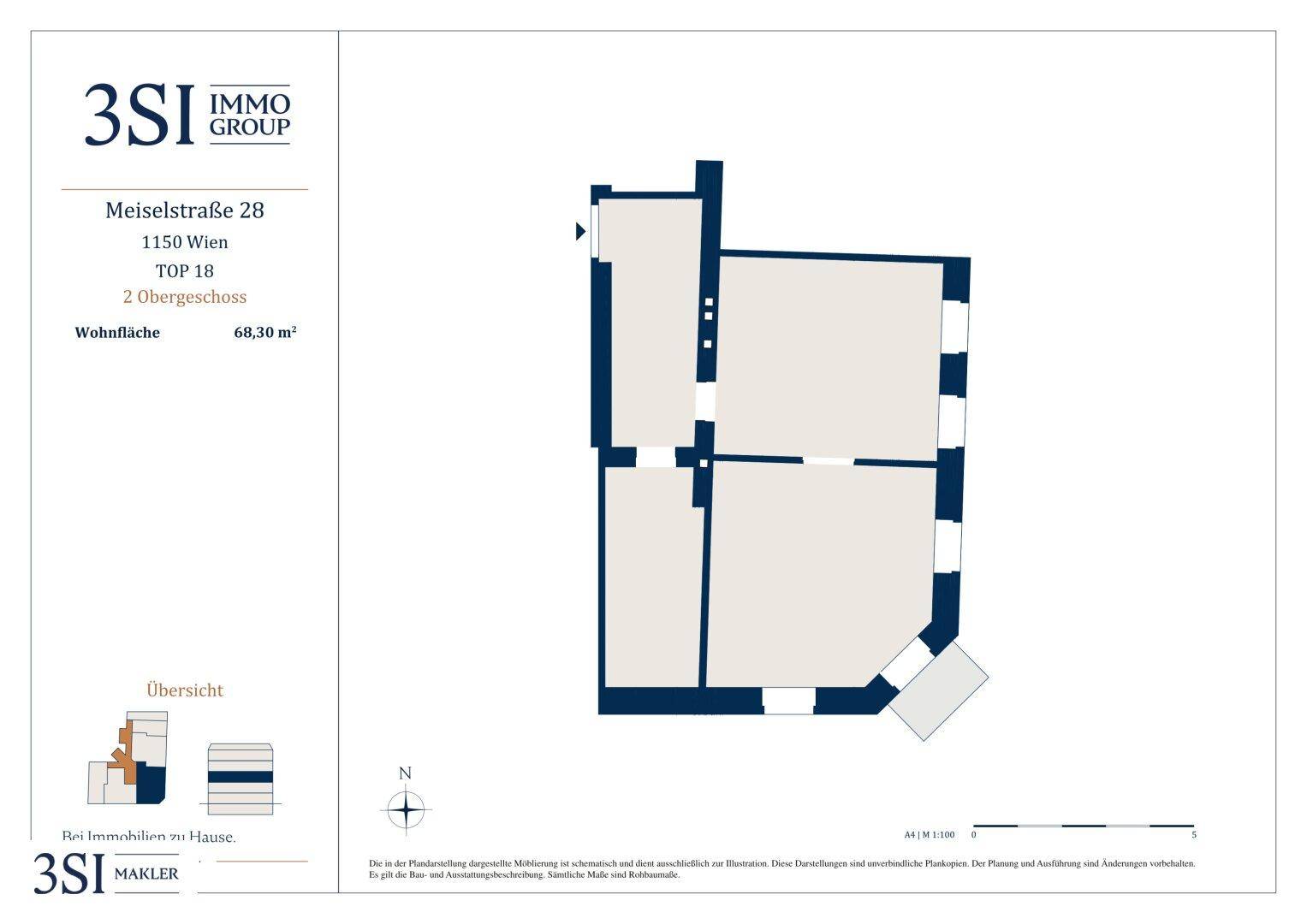 Grundriss einer Wohnung mit 68,30 m² Wohnfläche im zweiten Obergeschoss.