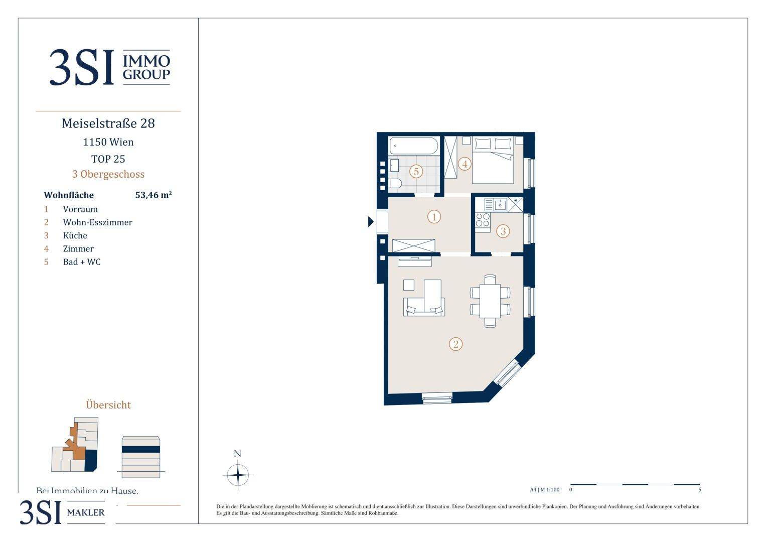 Grundriss einer Wohnung mit 53,46 m² Wohnfläche, aufgeteilt in Wohn-Esszimmer, Küche und Schlafzimmer.