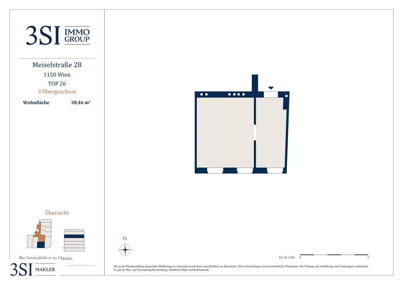 Grundriss der Wohnung Top 26 im 3. Obergeschoss mit einer Wohnfläche von 38,46 m².
