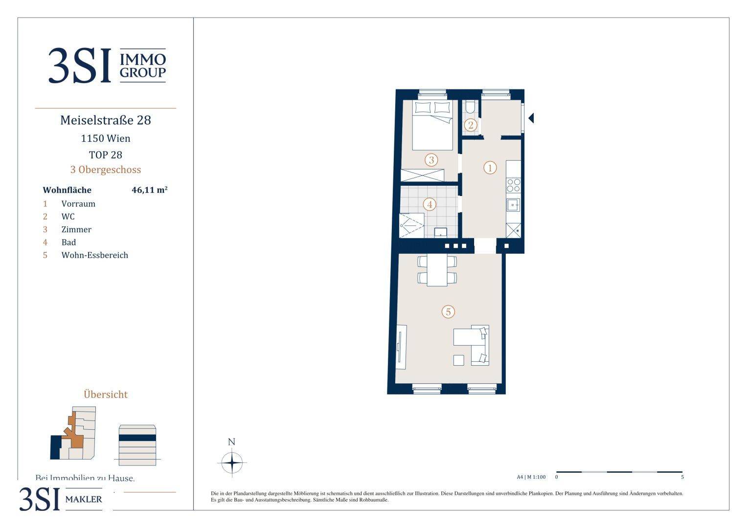 Detaillierter Grundriss einer Wohnung mit 46,11 m² Wohnfläche und offenem Wohn-Essbereich.