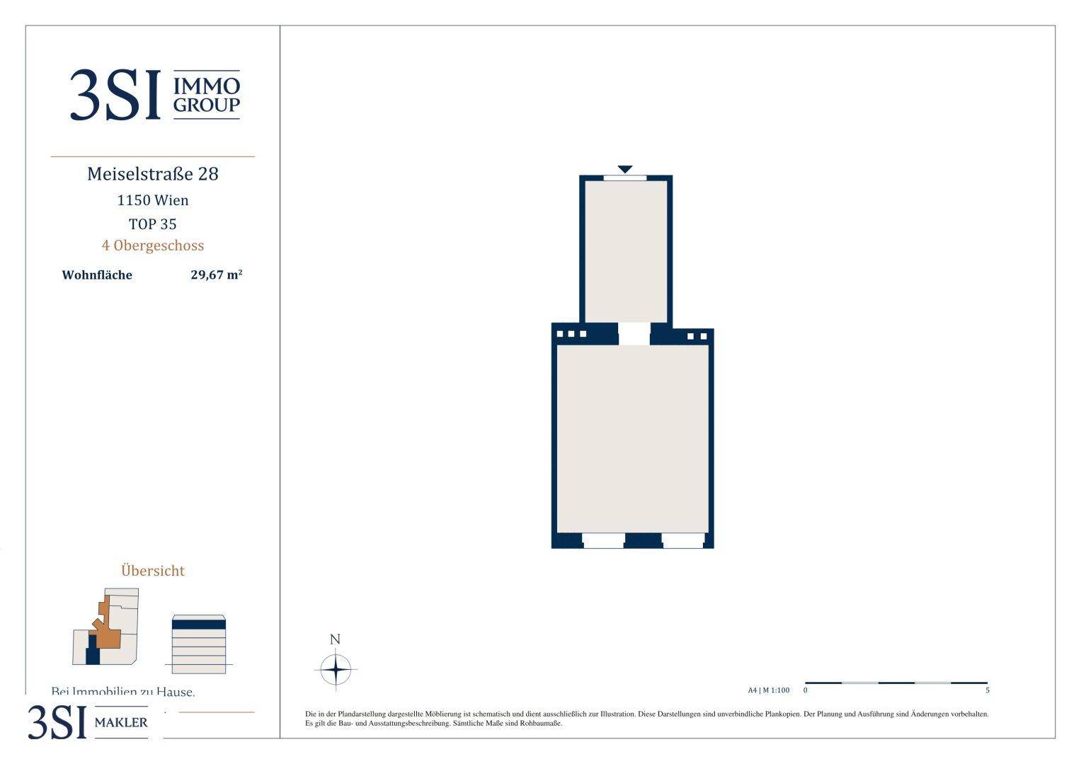 Grundriss einer Wohnung im 4. Obergeschoss mit einer Wohnfläche von 29,67 m².
