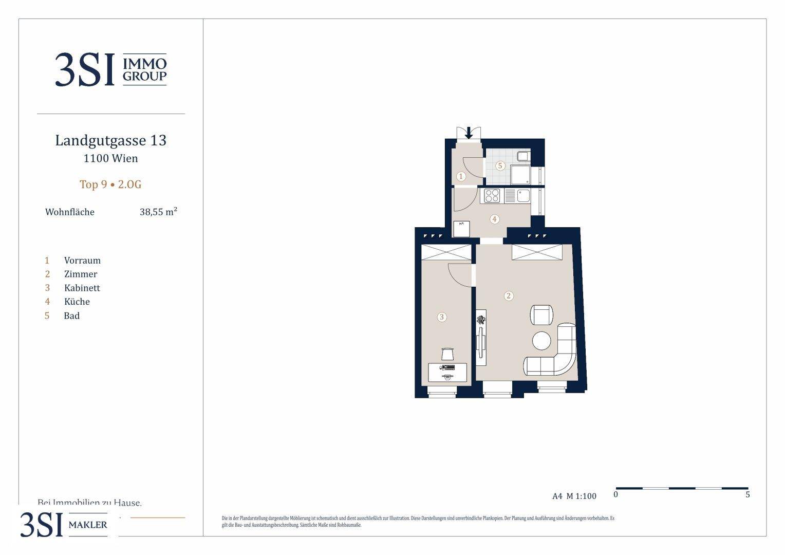 Grundriss einer Wohnung mit 38,55 m² Wohnfläche, inklusive Balkon und offenem Wohnbereich.