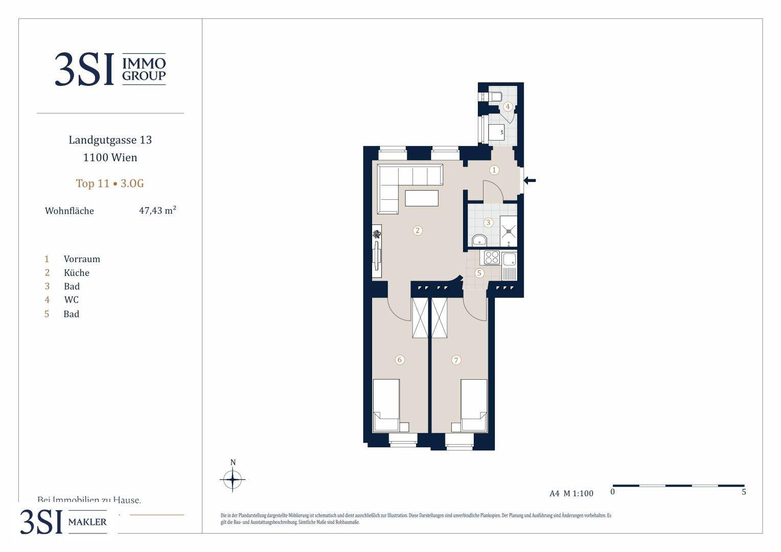 Grundriss einer Wohnung mit 47,43 m² Wohnfläche, zwei Schlafzimmern und zwei Bädern.
