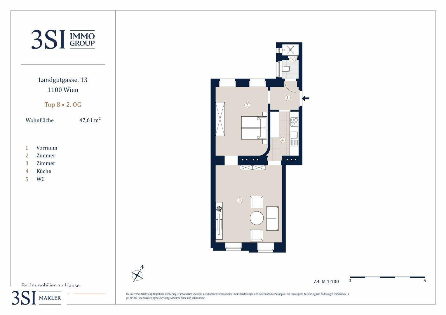 Grundriss einer Wohnung mit 47,61 m² Wohnfläche, Schlafzimmer und offenem Wohnbereich.