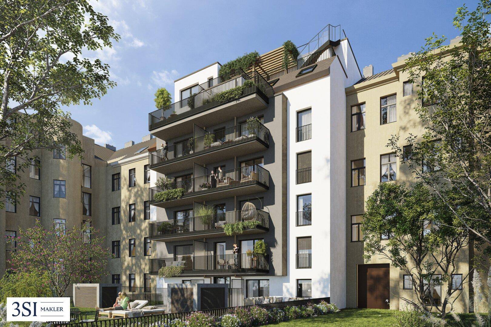 Modernes Apartmentgebäude mit mehreren Balkonen und einer begrünten Gartenanlage im Innenhof.