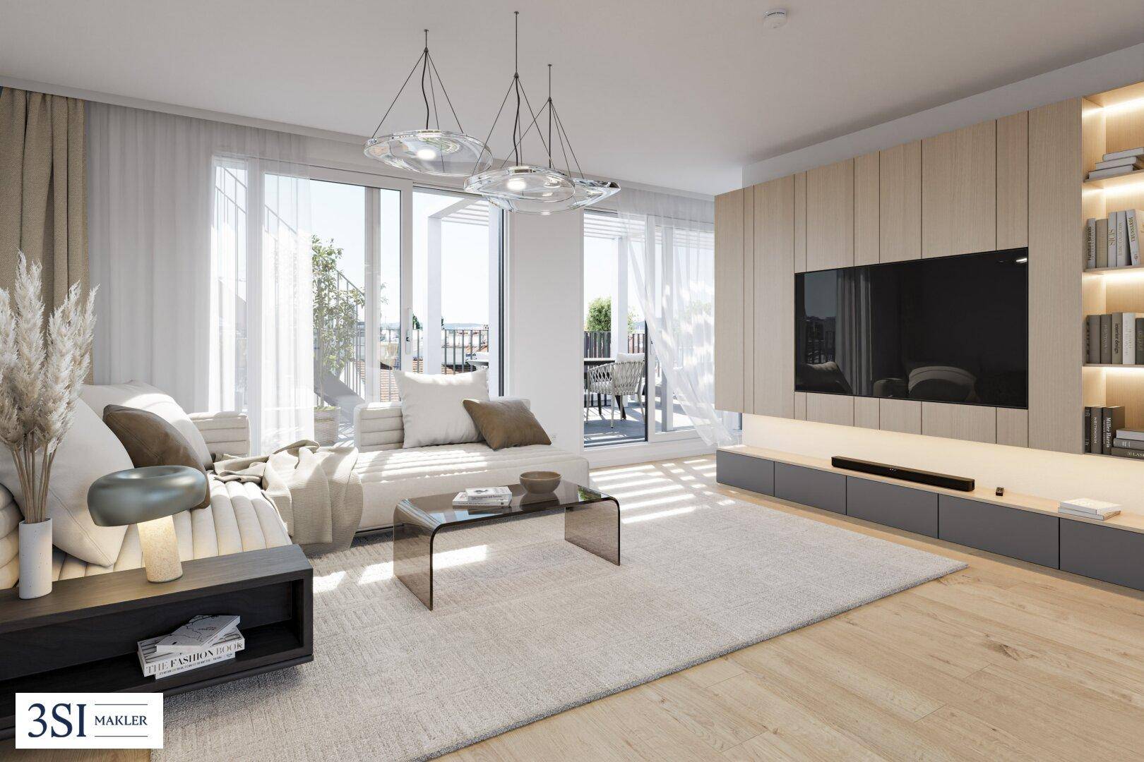 Helles Wohnzimmer mit modernem Design, Holzboden und Zugang zu einem sonnigen Balkon.