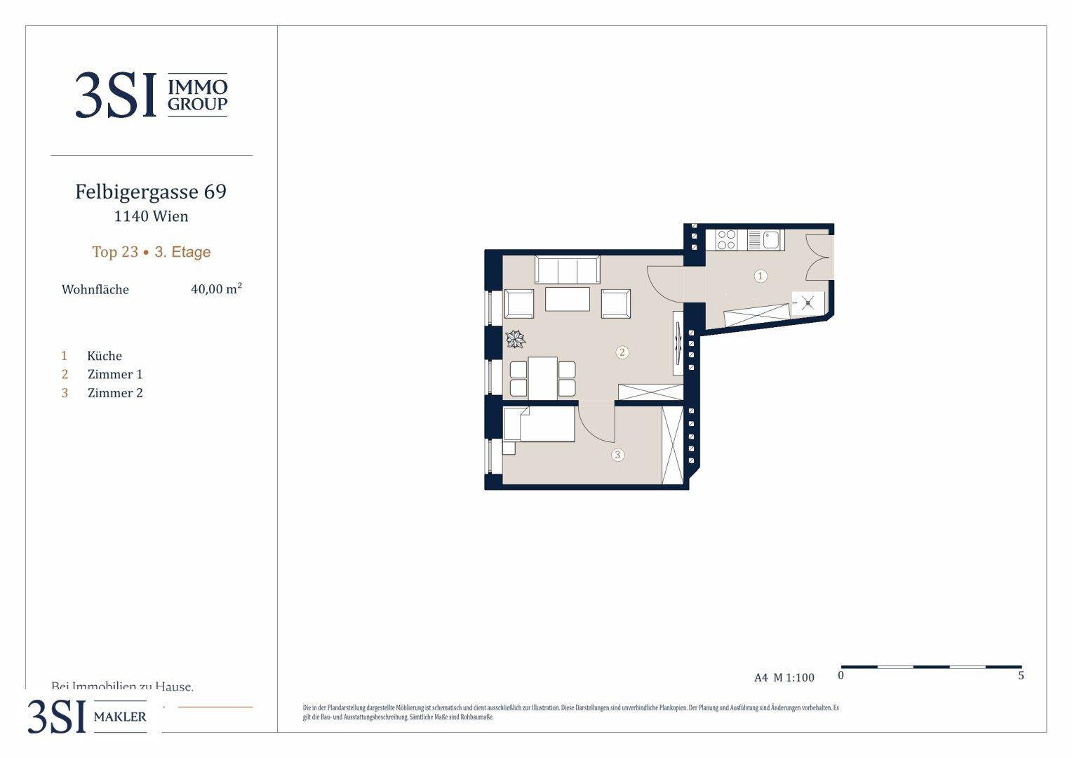 Grundriss einer 40 m² Wohnung mit offenem Wohnbereich, separater Küche und Balkon.