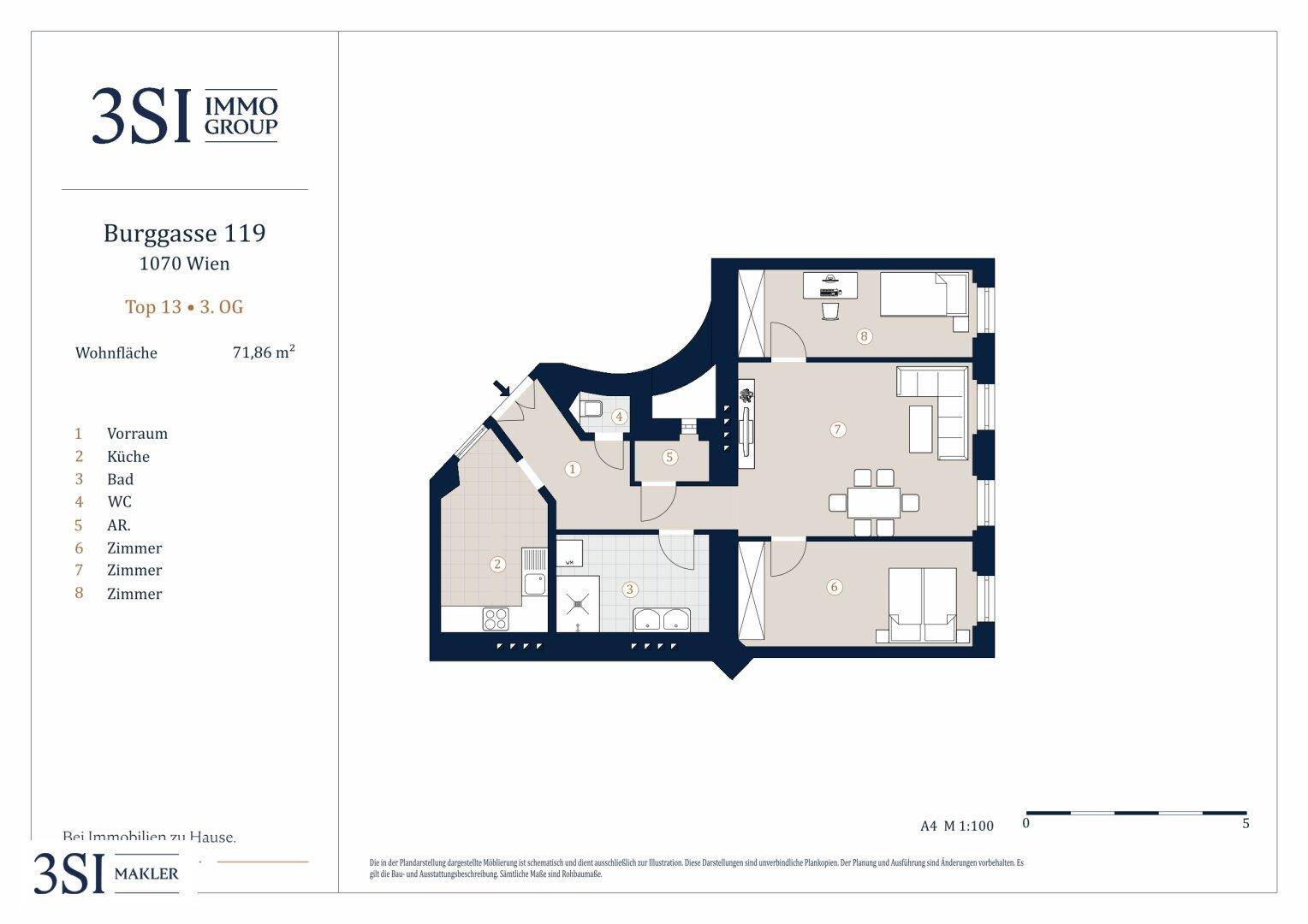 Grundriss der Wohnung mit 71,86 m² Wohnfläche, aufgeteilt in mehrere funktionale Bereiche.