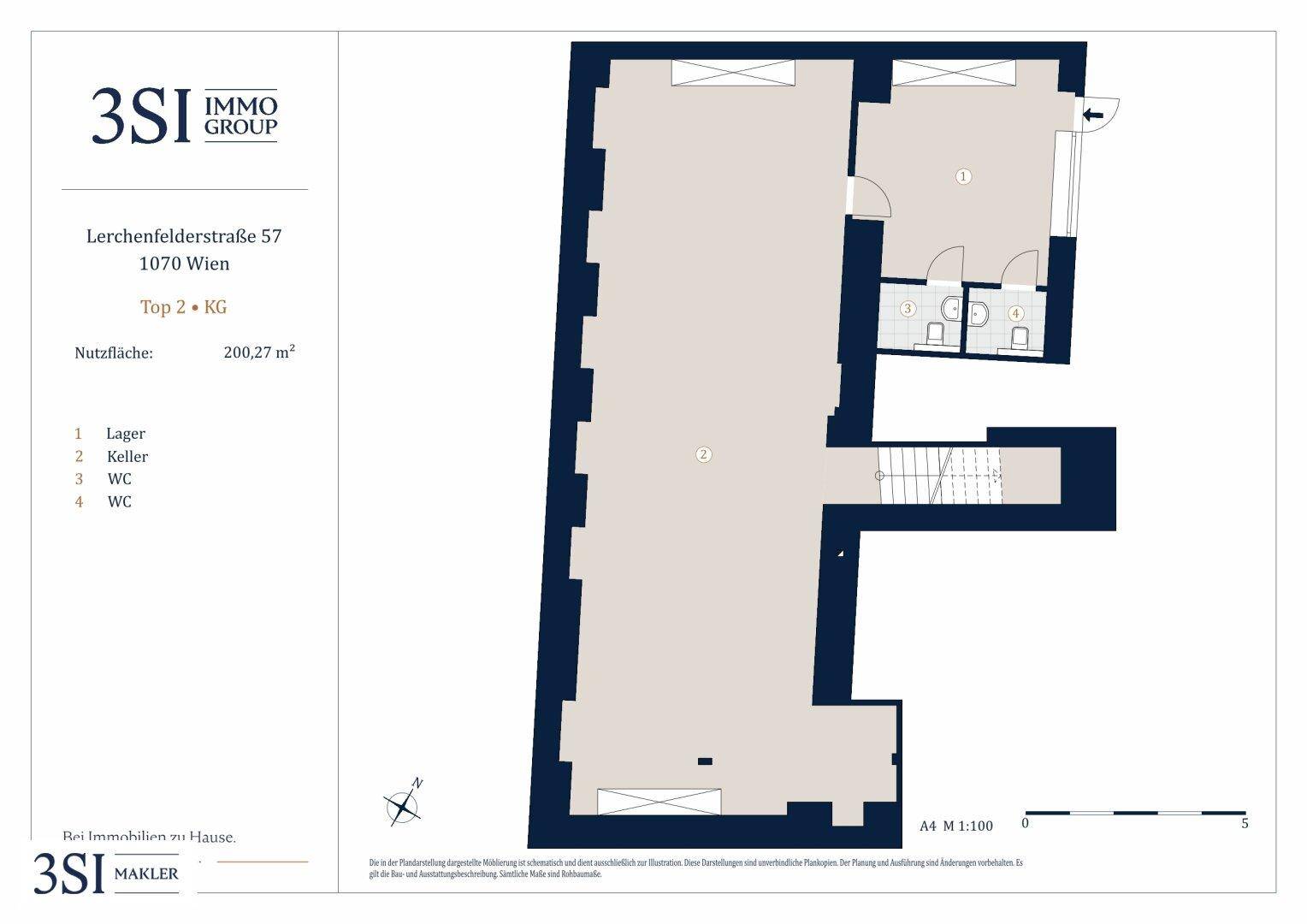 Grundriss des Kellergeschosses mit Lagerflächen und zwei separaten Toiletten.
